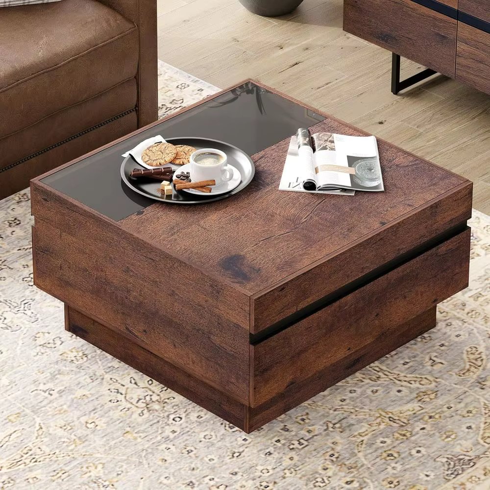 Square Coffee Table with Tempered Glass, 2 Storage Drawers, 31.5×31.5, Brown