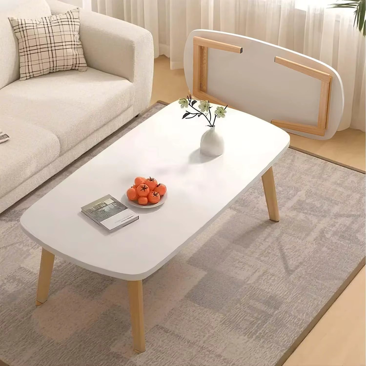 Wooden Folding Coffee Table Foldable Laptop Table Low Study Floor Desk for Living Room Bedroom Home Office 100 x 50 x 44Cm