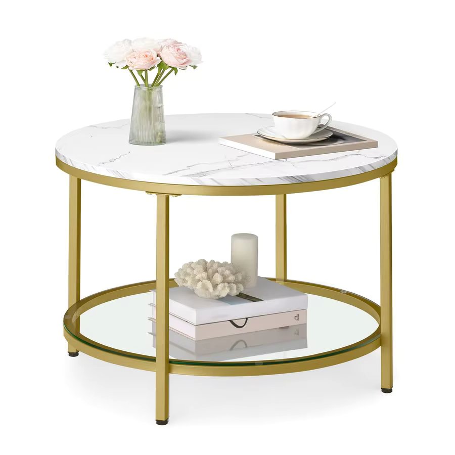 Round Coffee Table, 2Tier Small Coffee Table with Faux Marble Top and Glass Shelf, Modern Style, for Living Room, 25.6 x 25.6 x