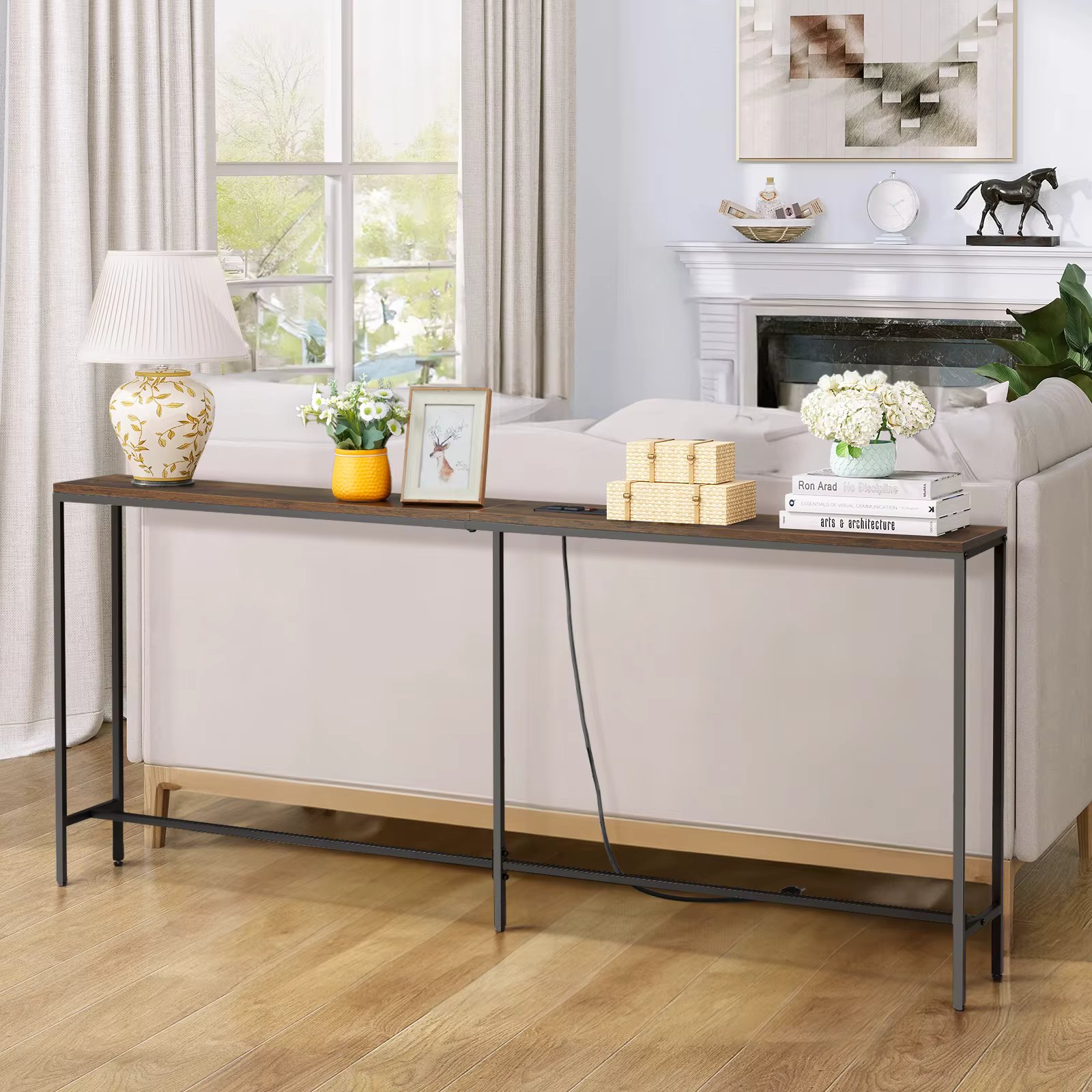 70.9″ Narrow Console Table, 2 Outlets & USBs, Sofa Back, Rustic Brown.