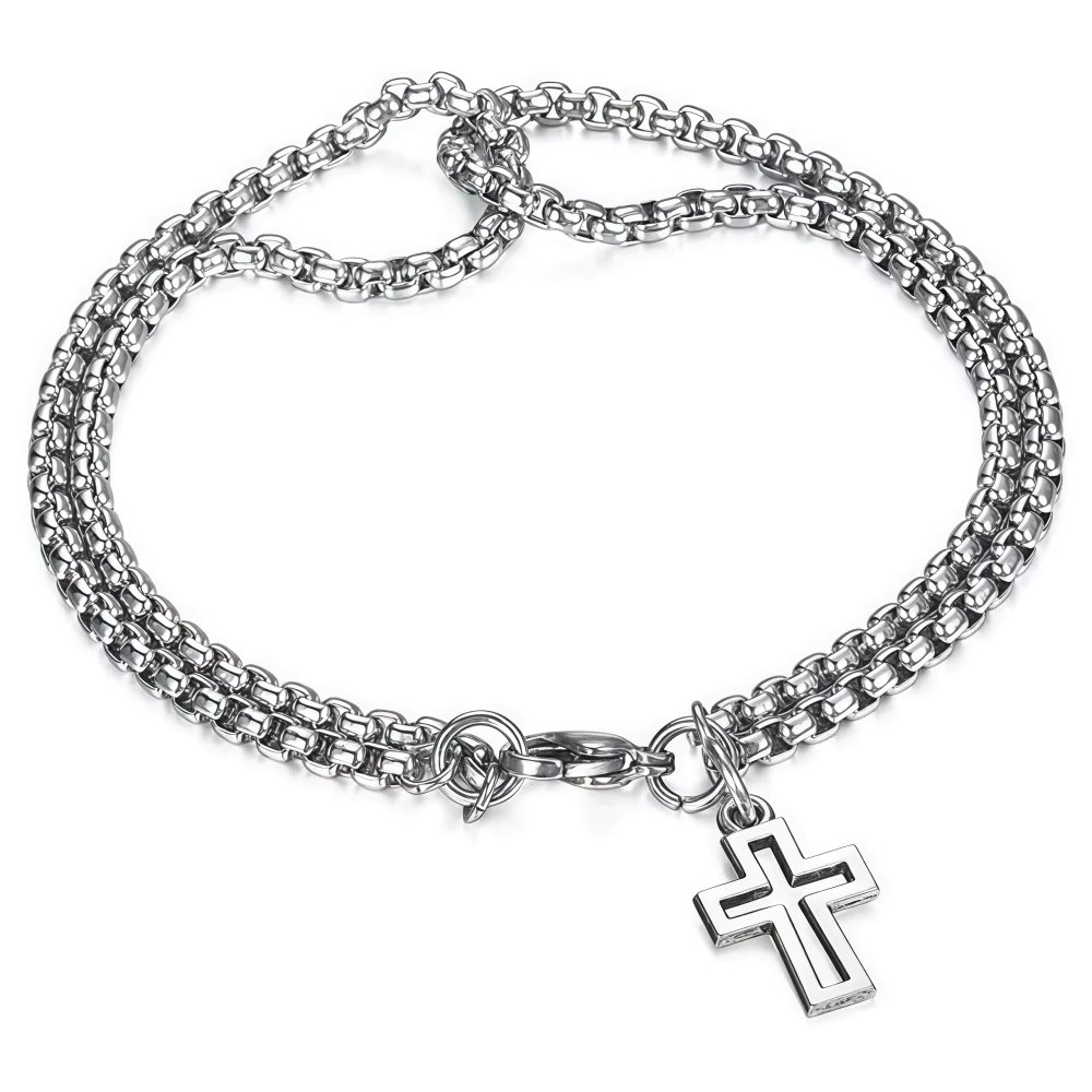 Men’s Fashion Double Chain Cross Hollow Wrist Bracelets Lobster Claw Clasp Stainless Steel Bracelet Hip Hop Punk Party Jewelry