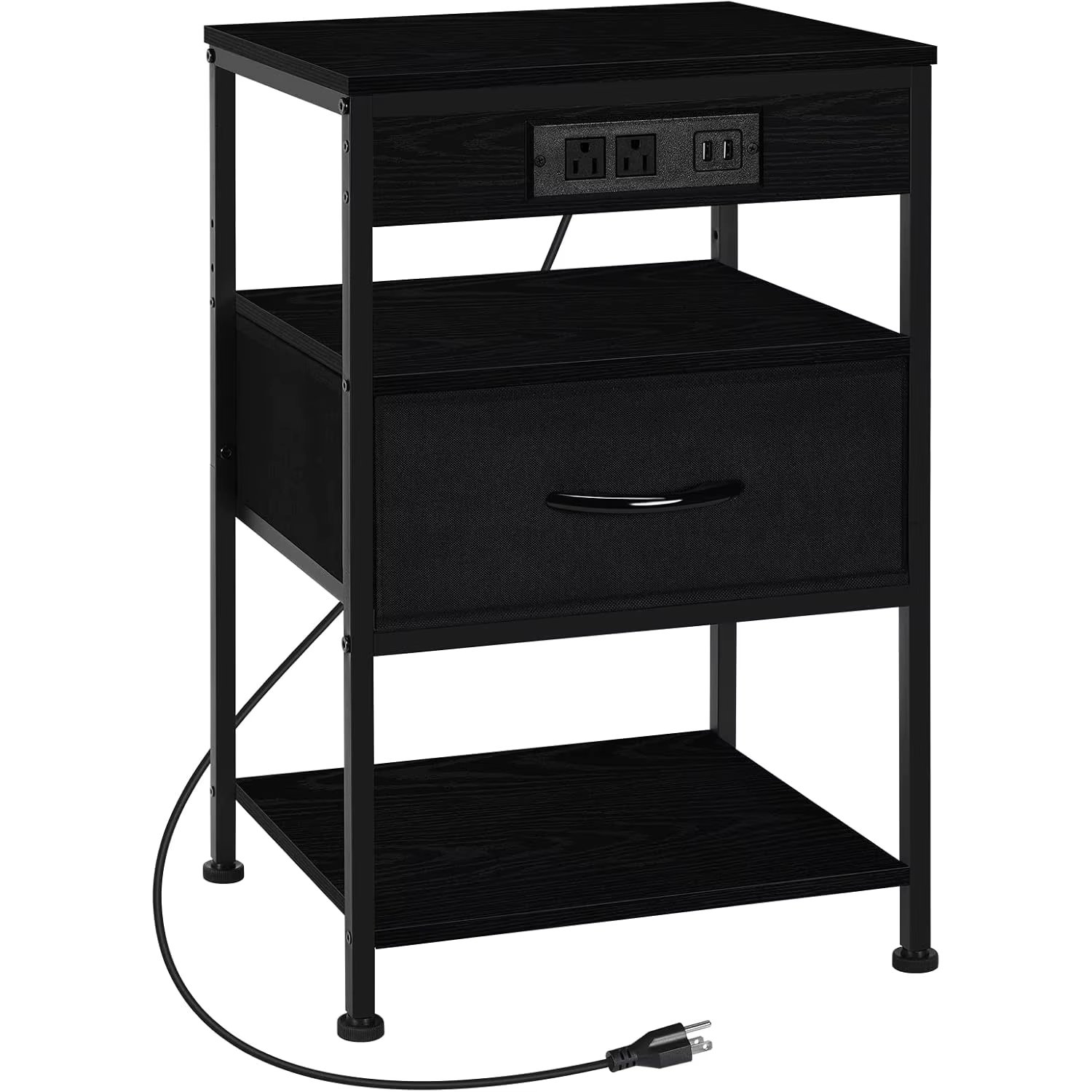 Black Bedside Table w/3-Tier Charging, USB/AC + Drawer, Multi-Use for Bedroom/Living/Farmhouse Decor