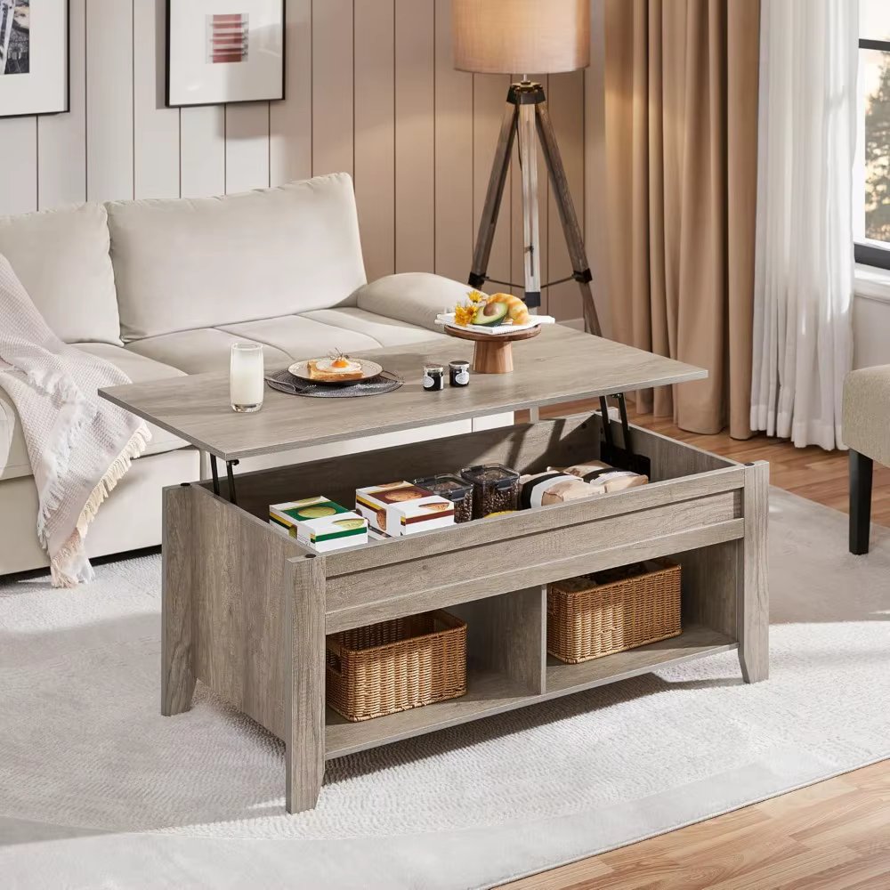 Lift Top Coffee Table with Hidden Storage Compartment & Lower Shelf, Lift Tabletop Farmhouse Table for Living Room Office