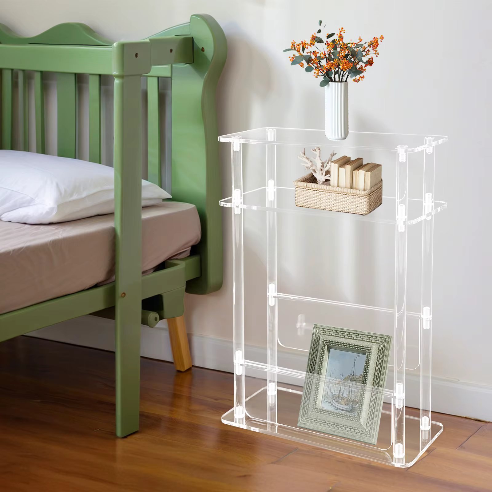 3 Tier Clear Acrylic Small Side Table Acrylic Narrow End Table for Small Spaces Slim Bedside Table with Magazine Holder