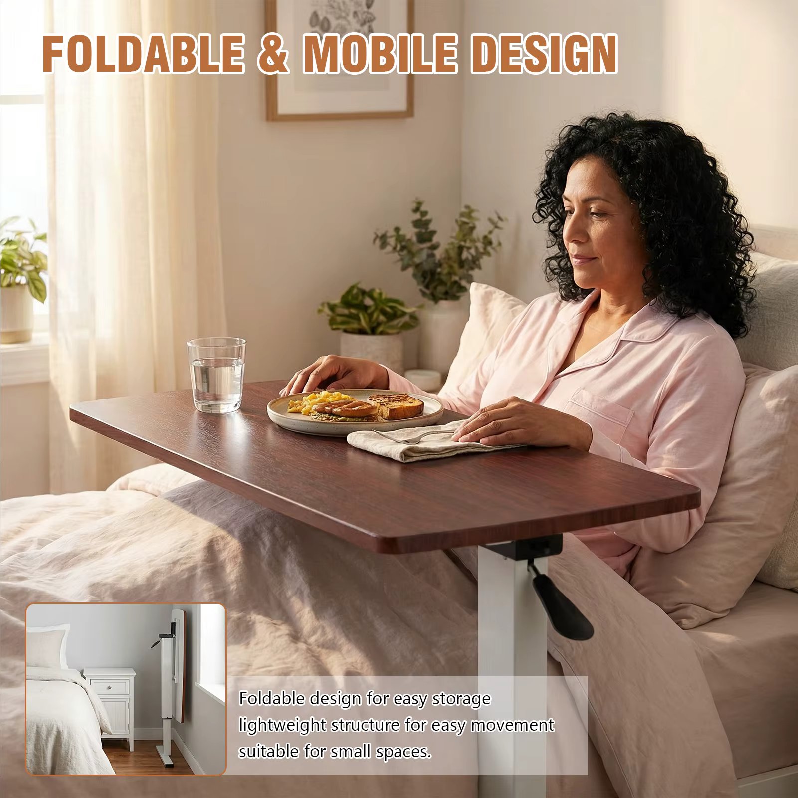 Bed Rolling Laptop Table with Wheels Movable Overbed Tables 27.56-37.4in Adjustable Height for Living Room Bedroom Hospital Use