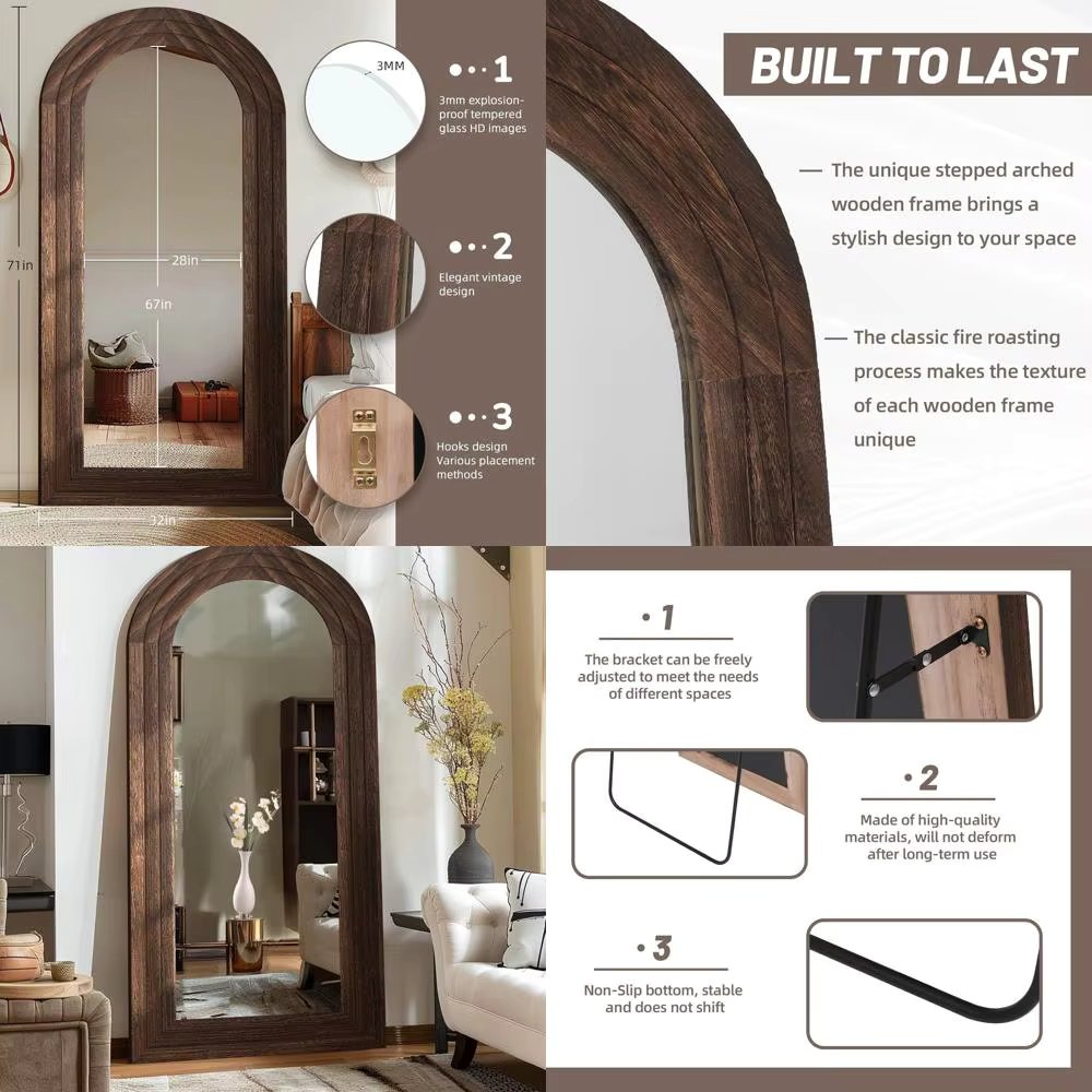 Arched Solid Wood Floor Mirror, Wall-Mounted or Freestanding, Versatile for Home Decor, Brown