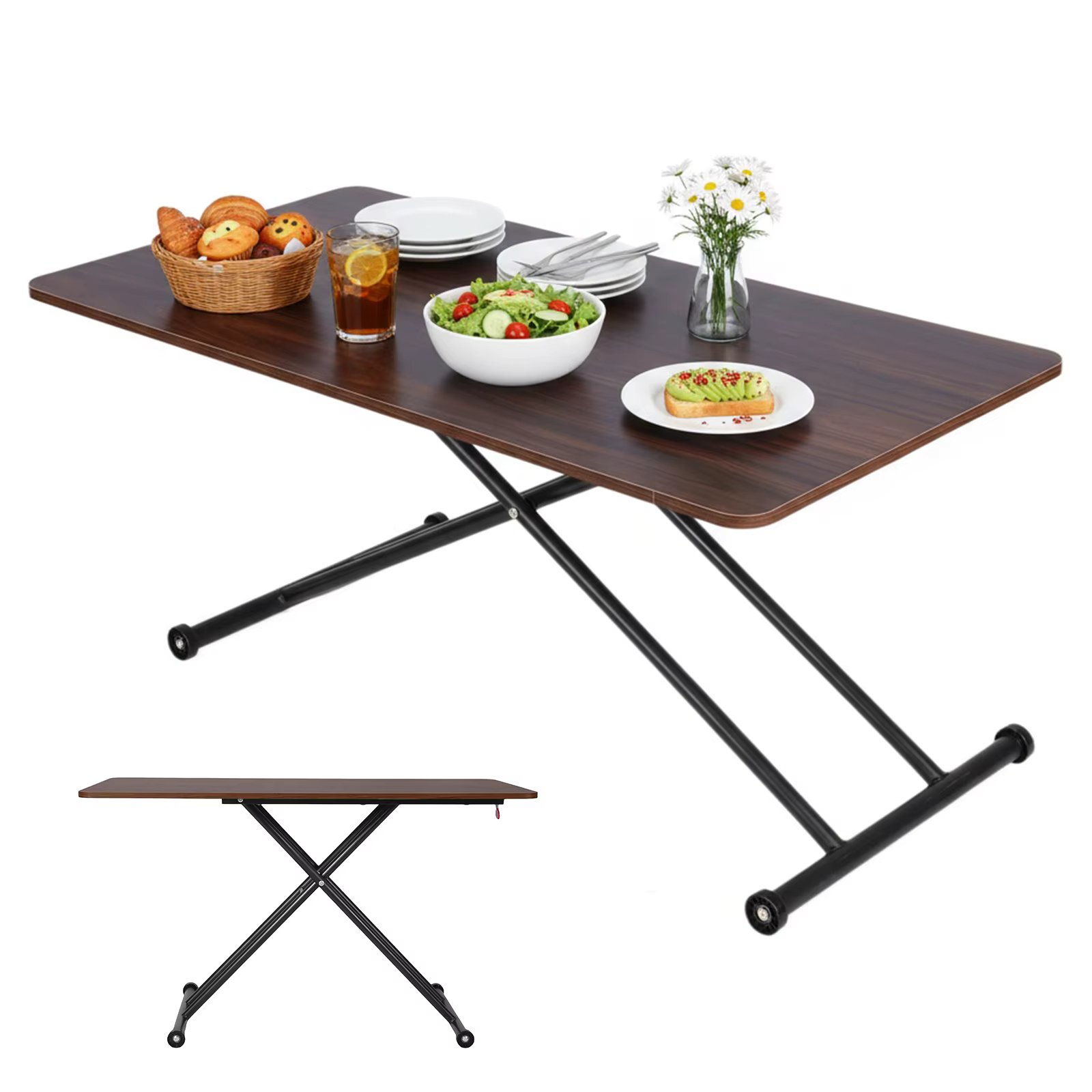 Folding Coffee Table with Rollers Low Coffee Table Portable Floor Table for Living Room Home