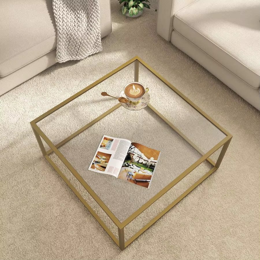 Glass Coffee Table Modern Coffee Tables for Living Room Square Minimalist Center Tables for Home Office 26.7 x 26.7 x 17.7, Gold