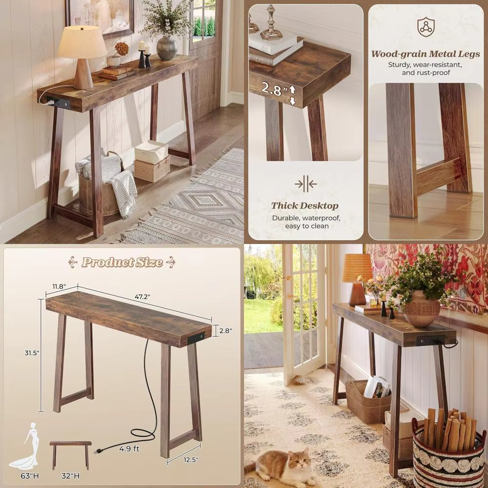 Rustic Brown Entryway Console Table with Charging Station and USB-C Port, 47.2 Sofa Table with Metal Legs, Thick Desktop, Behind