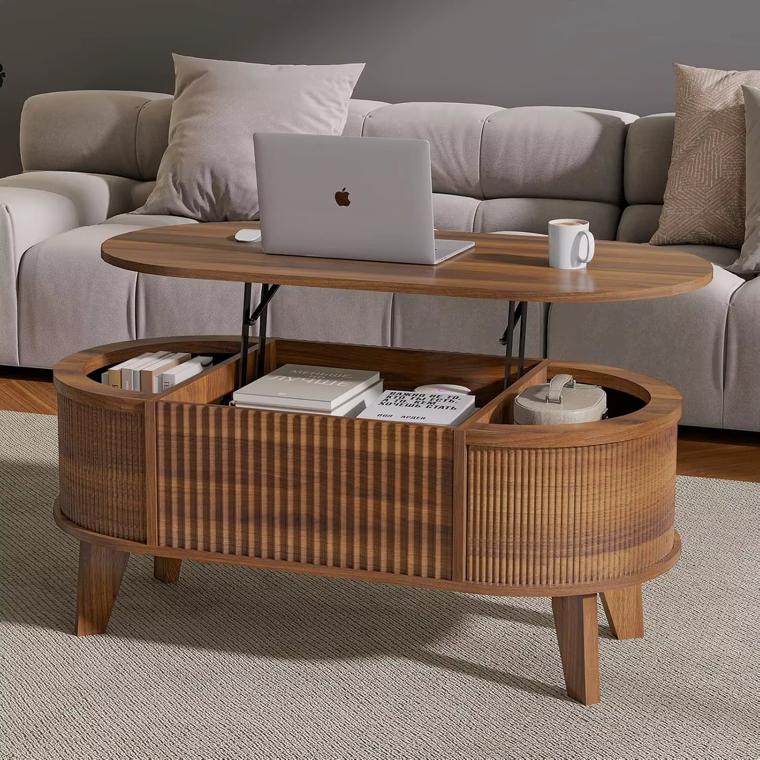 Modern Oval Coffee Table with Lift Top & Storage, Walnut Finish for Living Room or Home Office