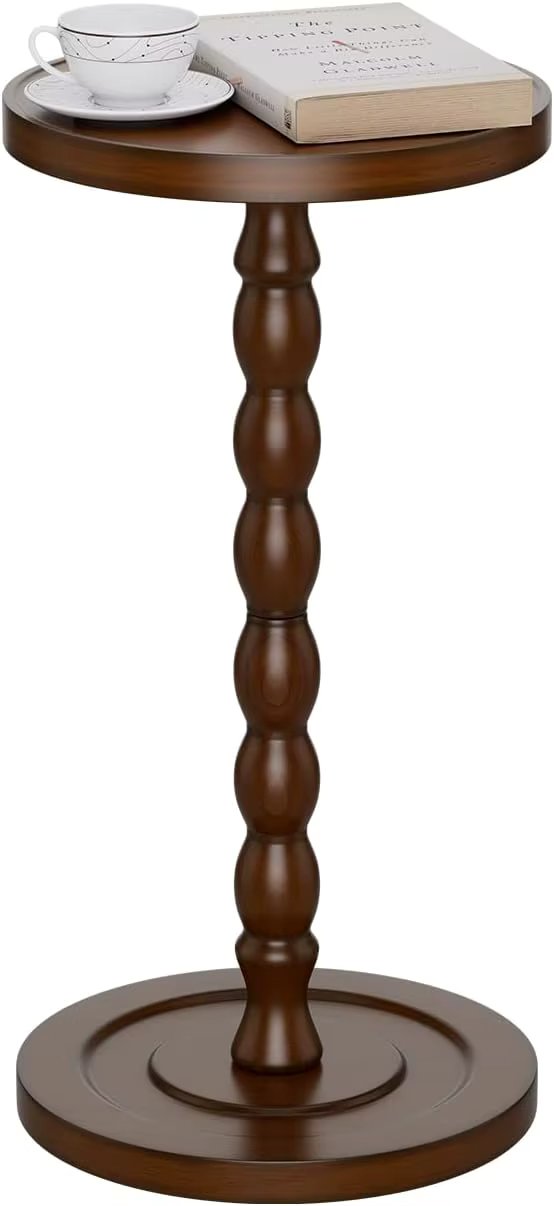 Trending Round Side Table with Pedestal, Rustic Brown Accent Coffee Table for Small Spaces