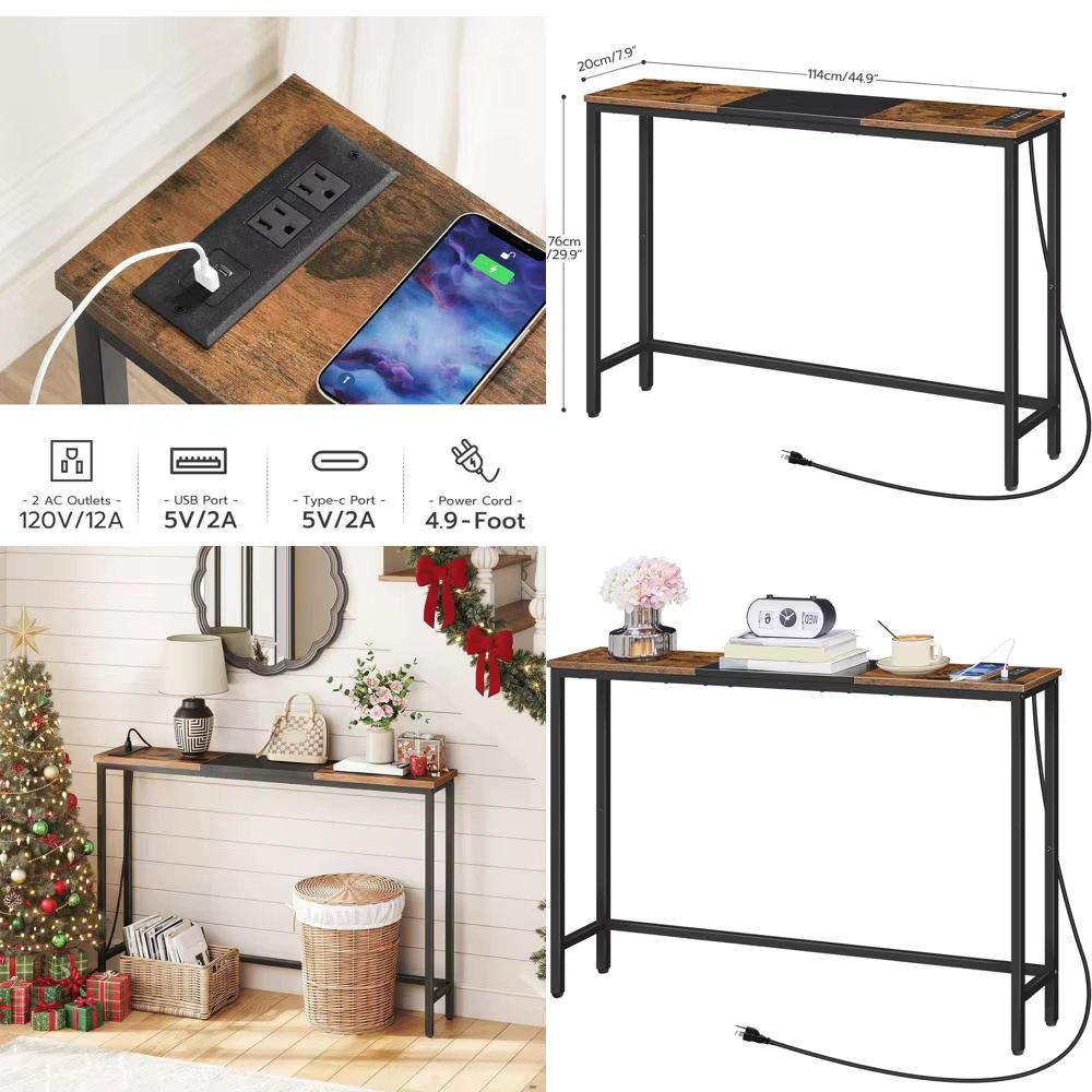 Narrow Sofa Side Table with Power Outlets, 44.9 Entryway Display Shelf, Rustic Brown & Black
