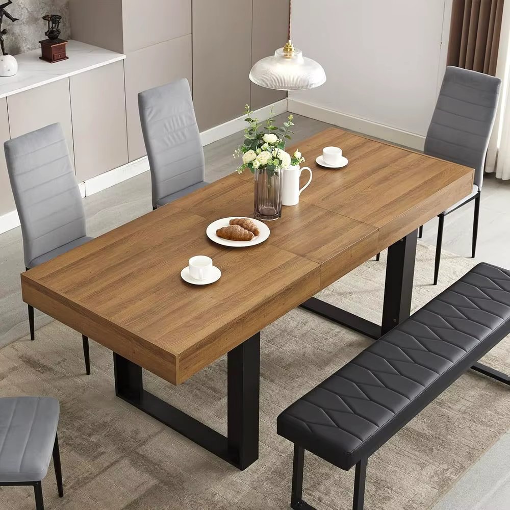 63-79 Long Expandable Walnut Brown Dining Table, Suitable for 6-10 People