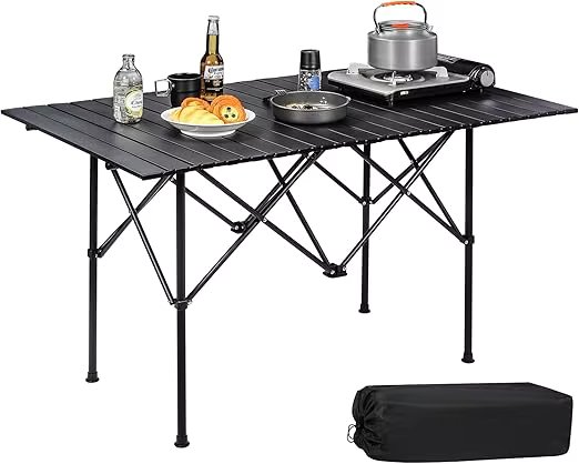 Roll Up Camping Tables That Fold Up, Lightweight Portable Compact Metal Camp Table for Grill Outdoor Picnic, Black Long
