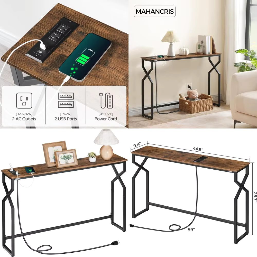 44.9 Rustic Brown Charging Station Entryway Table for Living Room and Hallway