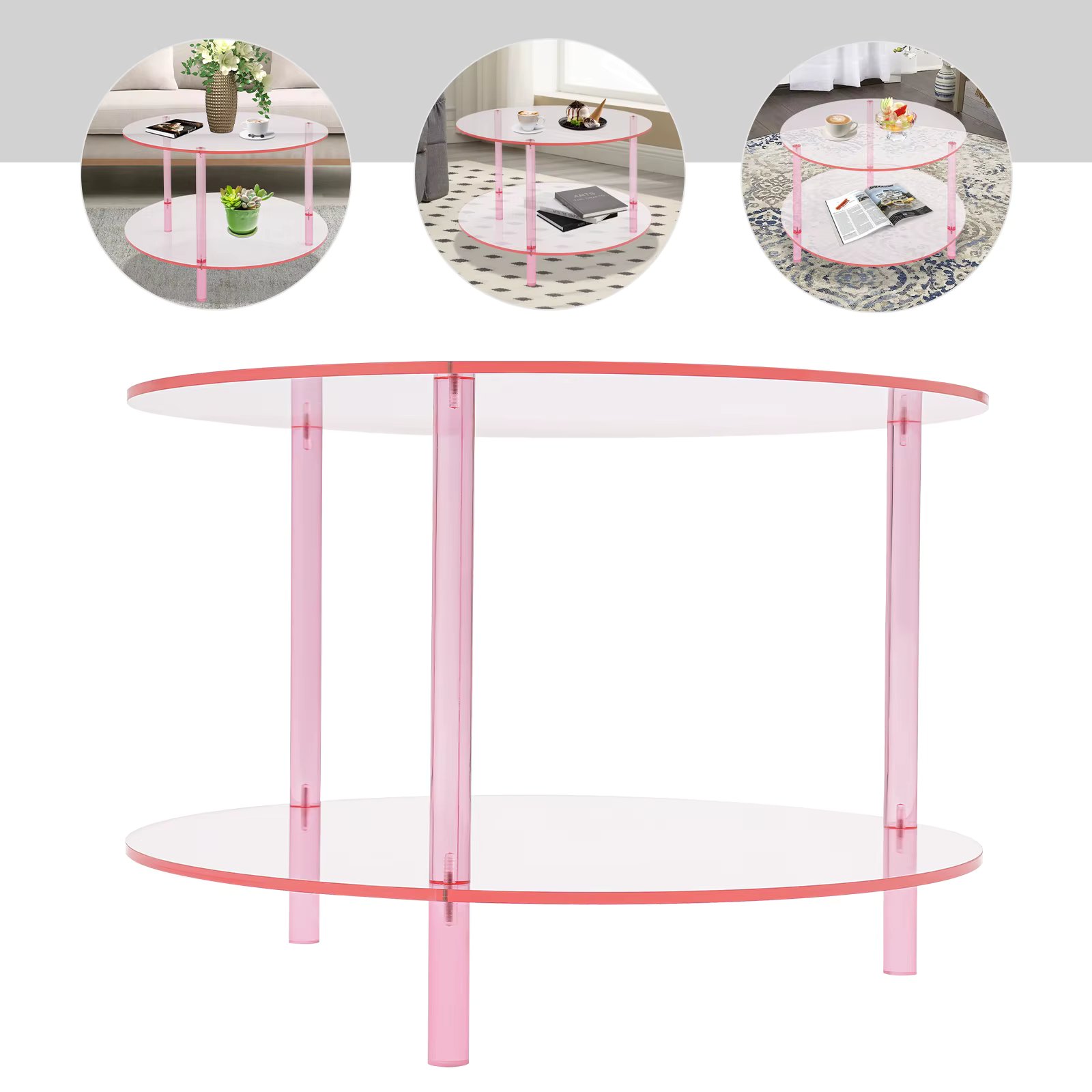 Acrylic Round Coffee Table,Pink 2-tier Freestanding Coffee Table 60*42cm for Coffee Shops,Bookstores