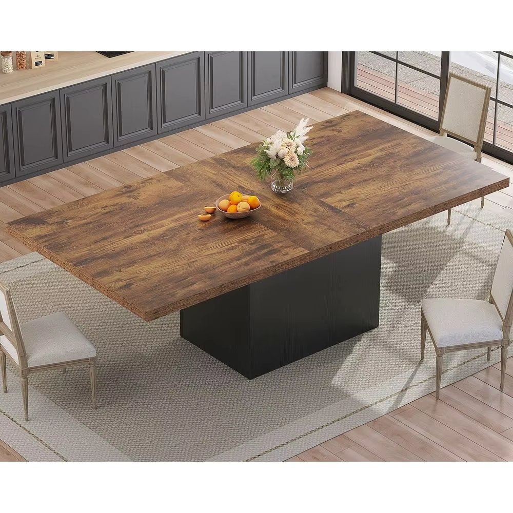 Large Rustic Brown Wood Dining Table, 78.74 for 6-8, Strong Black Base, Ideal for Industrial or Home Gatherings