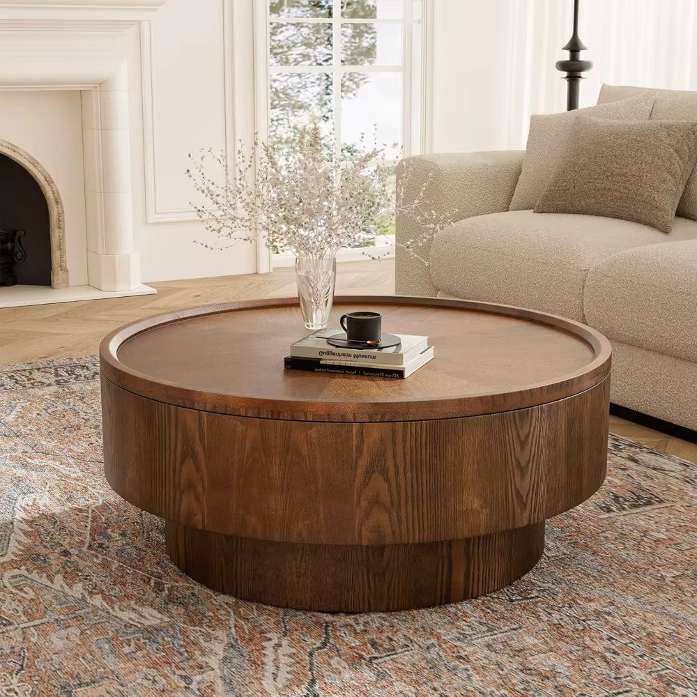 Modern Luxury Brown Round Drum Coffee Table with Storage for Living Room and Bedroom