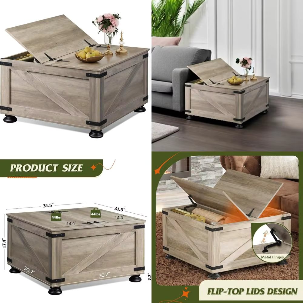 Farmhouse Coffee Table, 31.5 Square Wood Center Table with Flip-Top Lids and Large Hidden Storage Compartment for Living R