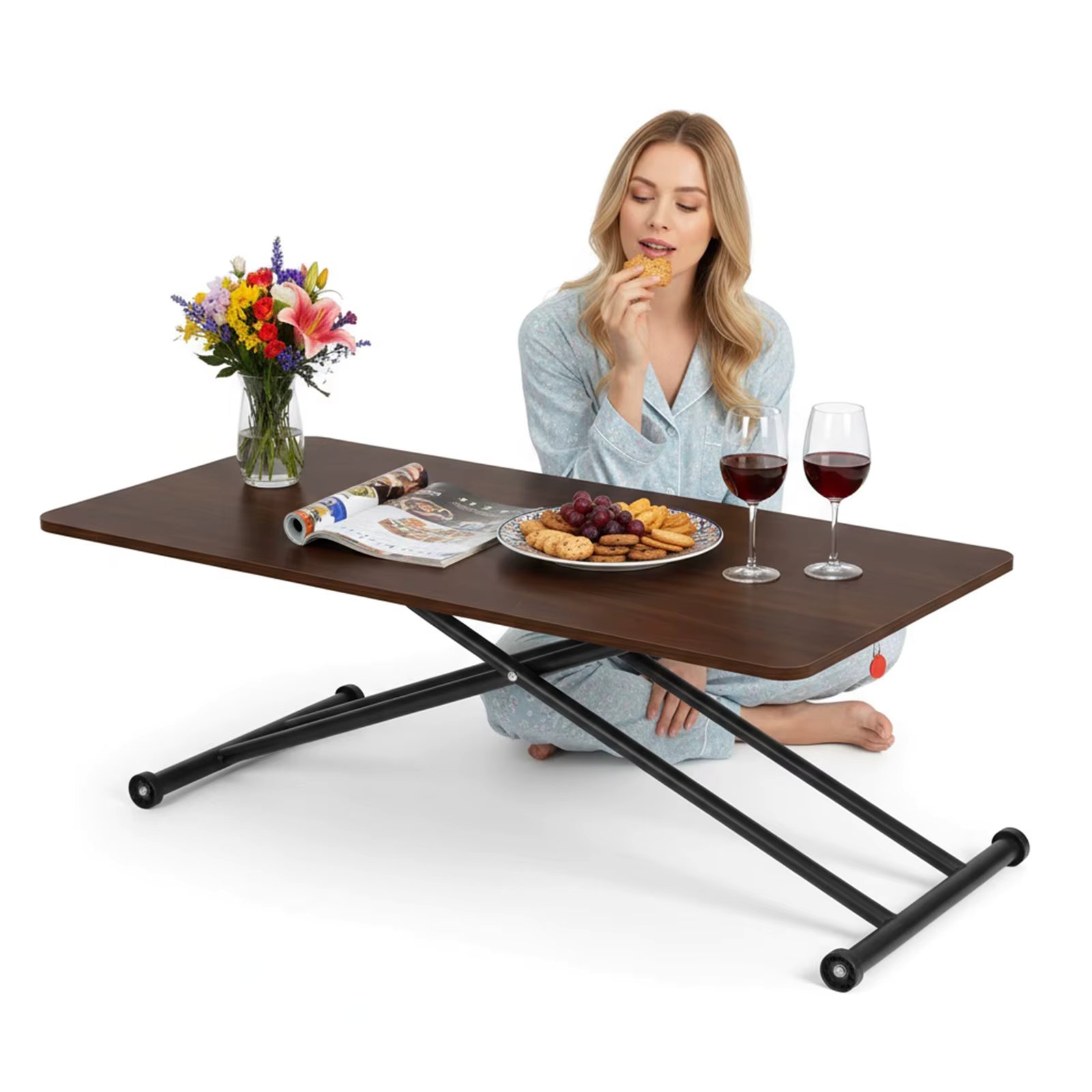 Folding Coffee Table with Rollers Low Coffee Table Portable Floor Table for Living Room Home