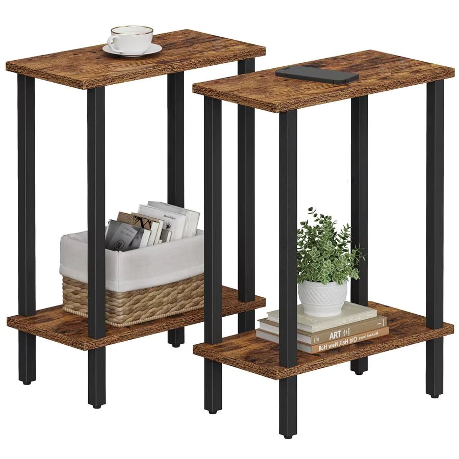 Small Side Table, Narrow End Table, Set of 2, Skinny Sofa Table, Slim Nightstand, Couch Table, Living Room, Bed Room, Brown TB01