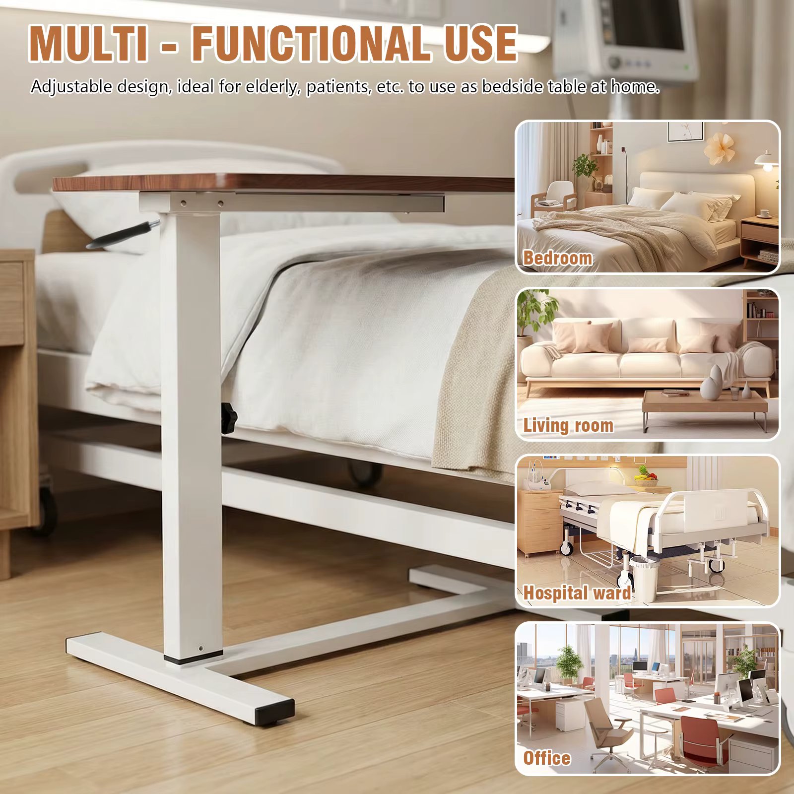 Overbed Bedside Table with Wheels Rolling Hospital Bed Table 27.56-37.4in Adjustable Height for Living Room Bedroom Hospital Use