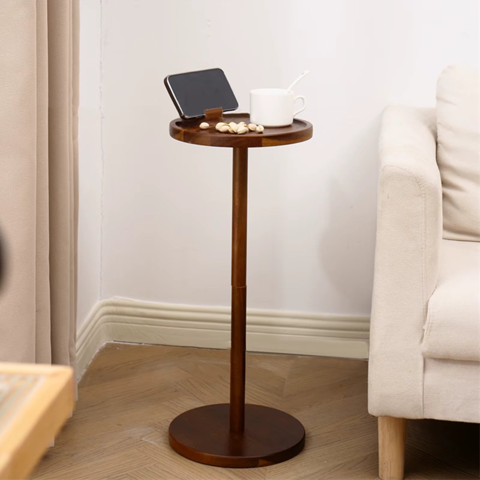 Wooden Round Sofa Side Table With Mobile Phone Holder Floor-Standing Small Table Small Side Table Corner Table Solid Wood Storag