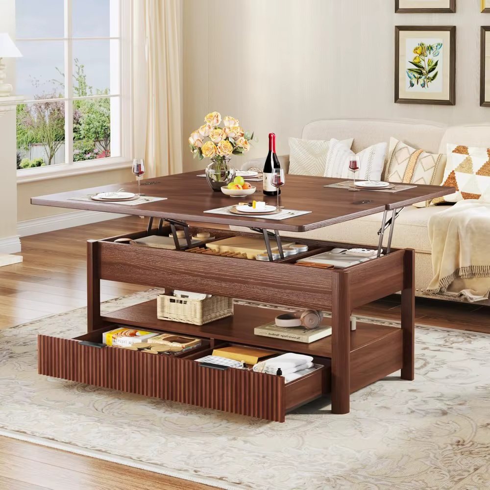 40″ Lift Top Coffee Table, 4 in 1 Square Coffee Table with Storage Shelf & 2 Drawers, Modern Coffee Tables