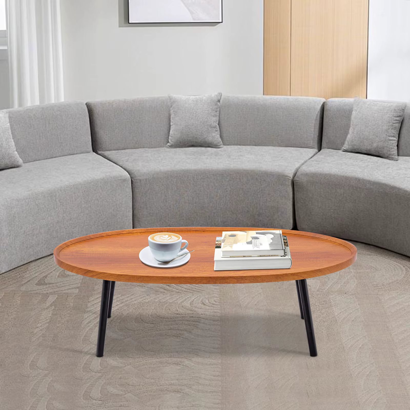 Oval Wood Coffee Table, Side Table, Modern Coffee Table for Living Room Reception Room Living Room Table for Couch 120*60*38cm ﻿