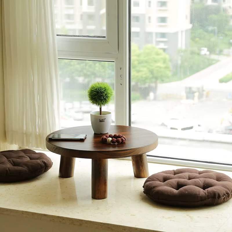 Japanese Style Bay Window Tea Table Round Solid Wood Tatami Tables Compact Coffee Table for Small Spaces Traditional Floor Desk