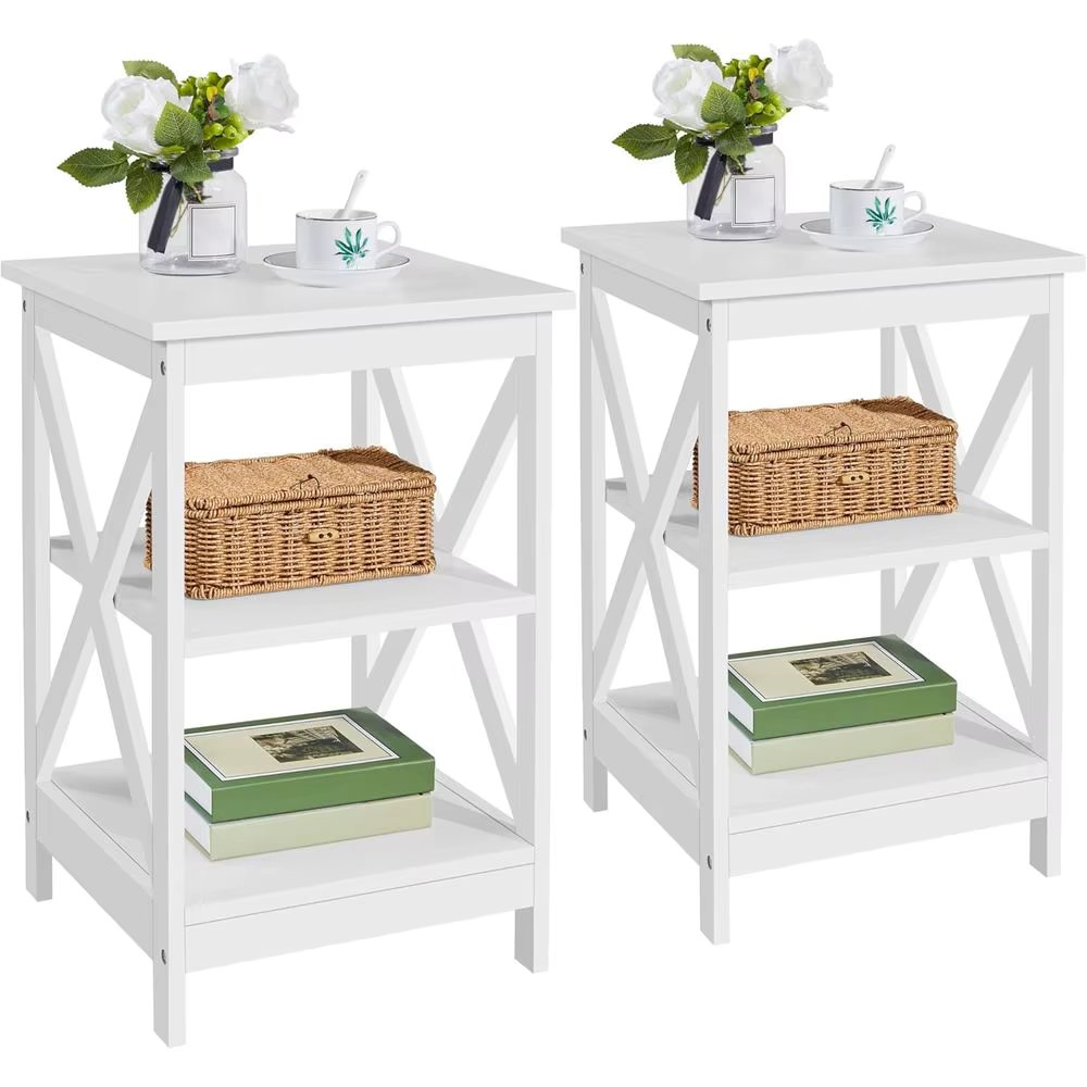3-Tier Side Tables Set of 2, Sturdy X Design Wooden Large Sofa Side Table Storage Cabinet, 16x16x24”(LxWxH), White