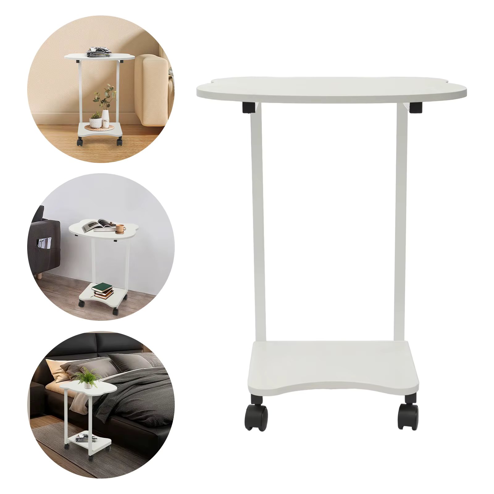 Density Board Panda Side Table with Wheels,White C Shaped End Table Freestanding 30*25*60cm for Bedrooms,Living Rooms