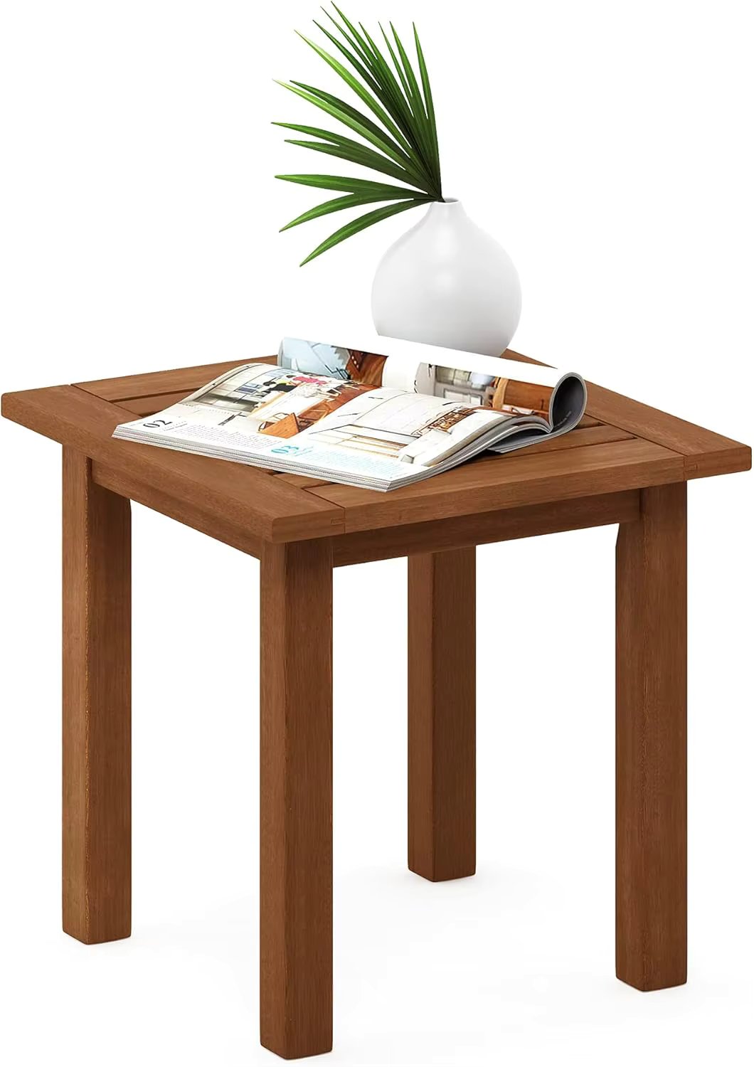 Natural Hardwood Outdoor Patio End Table with Slatted Top and Stable X-Brace Frame