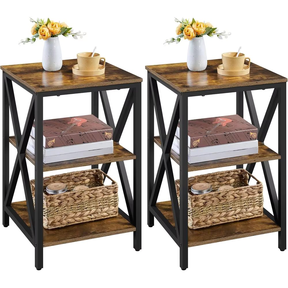 Industrial End Tables Set of 2,3-Tier Side Tables with Storage Shelves for Living Room,X Design, Strong Metal Frame,Rustic Brown