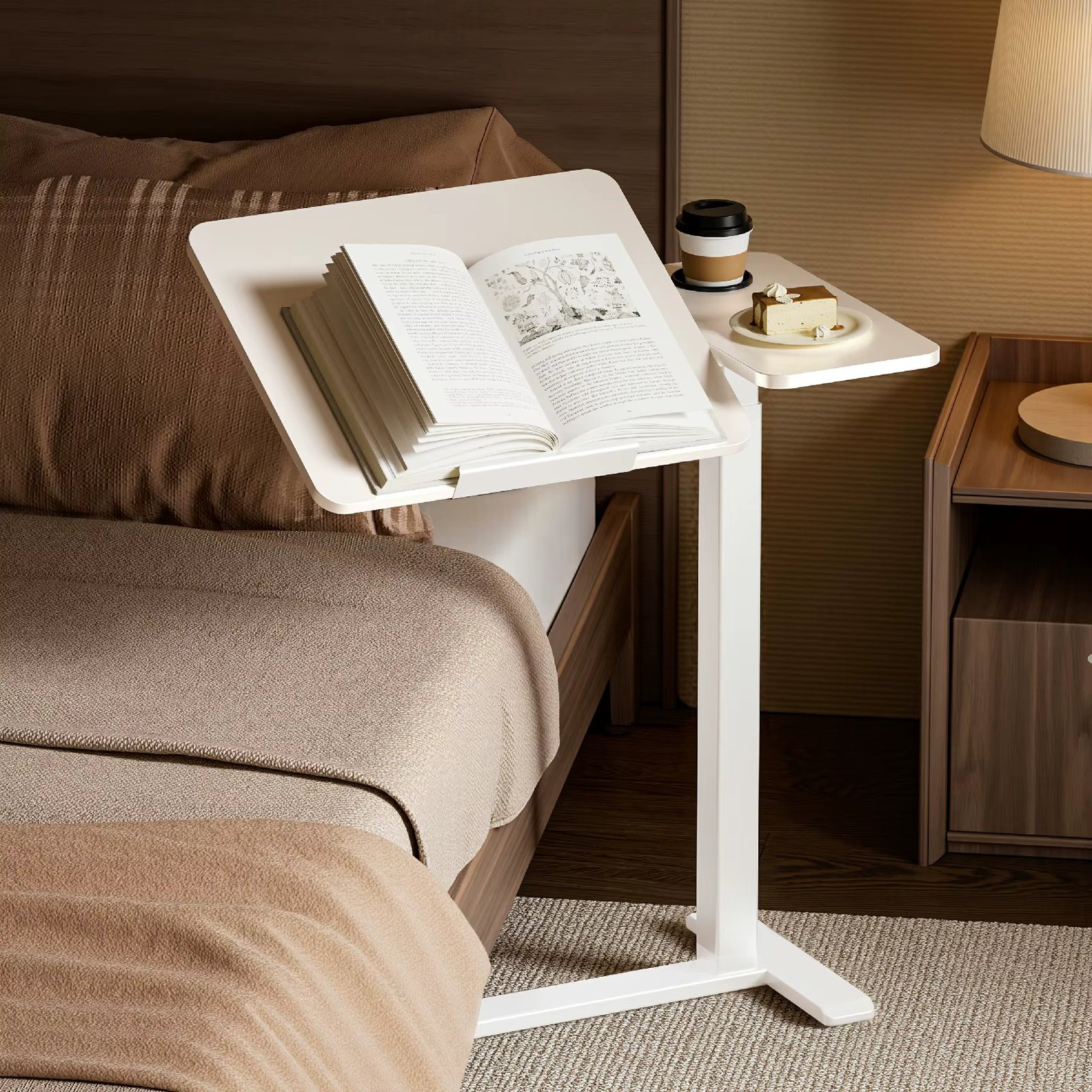 BZIUM Overbed Bedside Table with Hidden Wheels, Adjustable Medical Tilt Top Hospital Bed Table Over The Bed, Rolling Desk