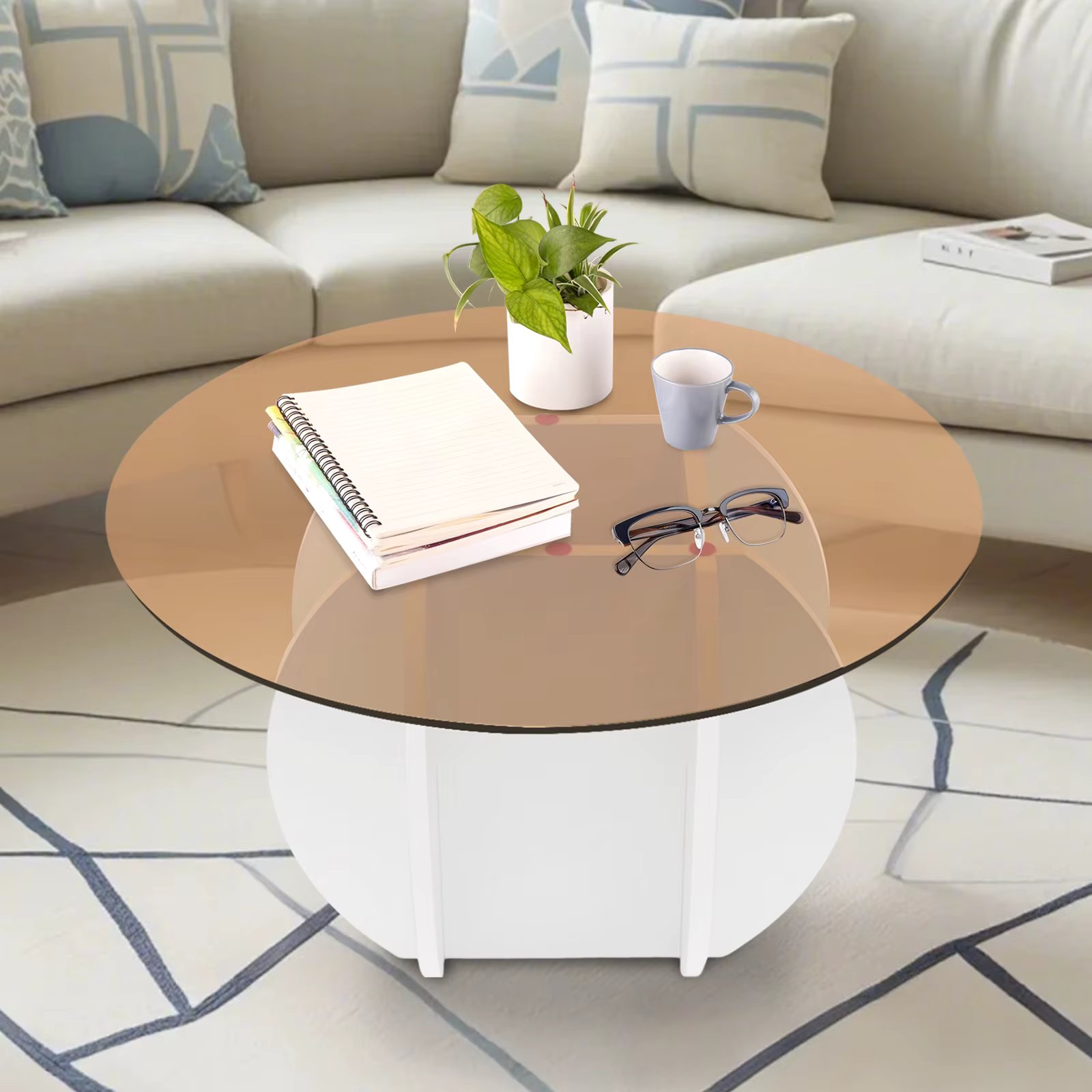 Round Coffee Table, Glass Tabletop Coffee Table, 27.56*15.75in Tempered Glass Coffee Table for Office, Living Room, Guest Room