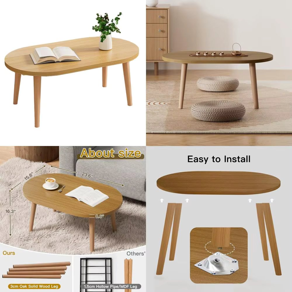 Compact Solid Wood Floor Desk, Japanese-Style Low Table for Living Spaces, Brown Oval Coffee Table
