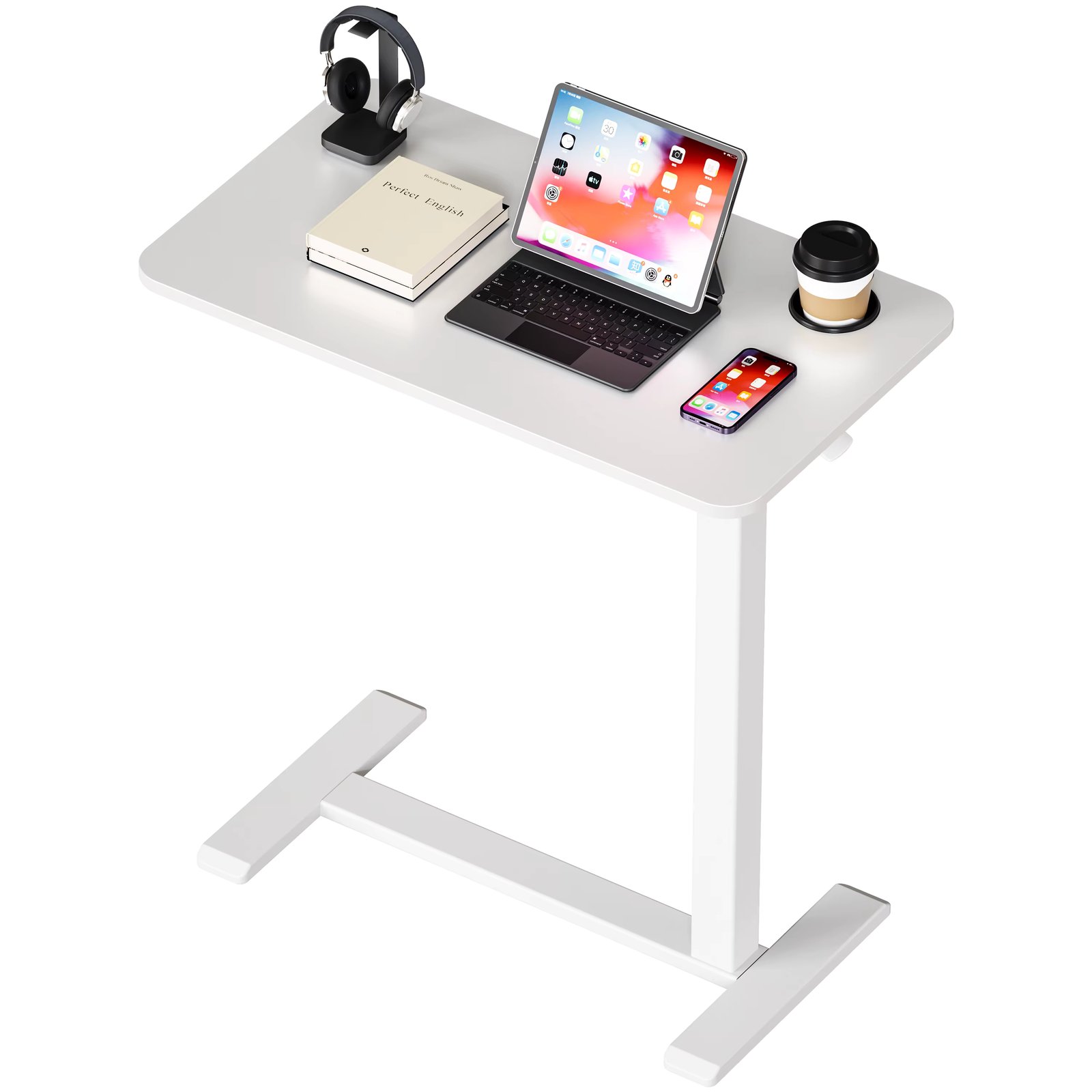 Bizum Adjustable Bedside Table With Swivel Hidden Wheels Pneumatic Rolling Desk Mobile Standing Desk With Cup Holder For Hospita