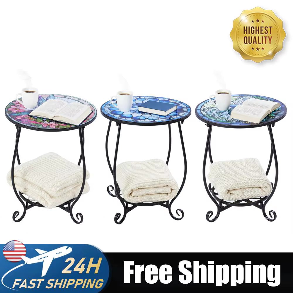 14 Inch Metal Frame Small End Table Storage Shelf Round Metal End Table Bedside Plant Stand for Garden Patio Porch Living Room