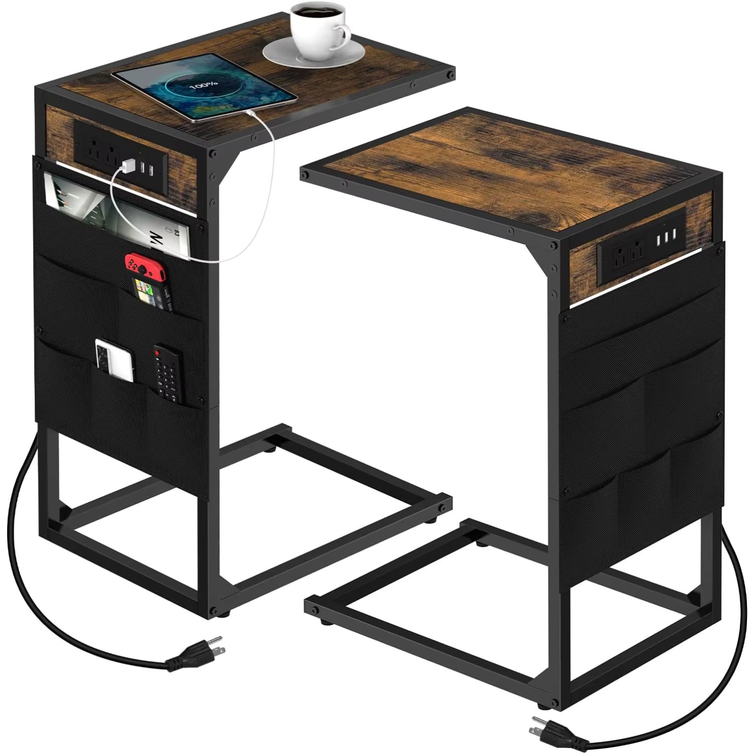 Brown C-Shaped End Table w/Charging+Storage, 2PC Metal Frame Set for Living/Bedroom, Space-Saving Multi-Use