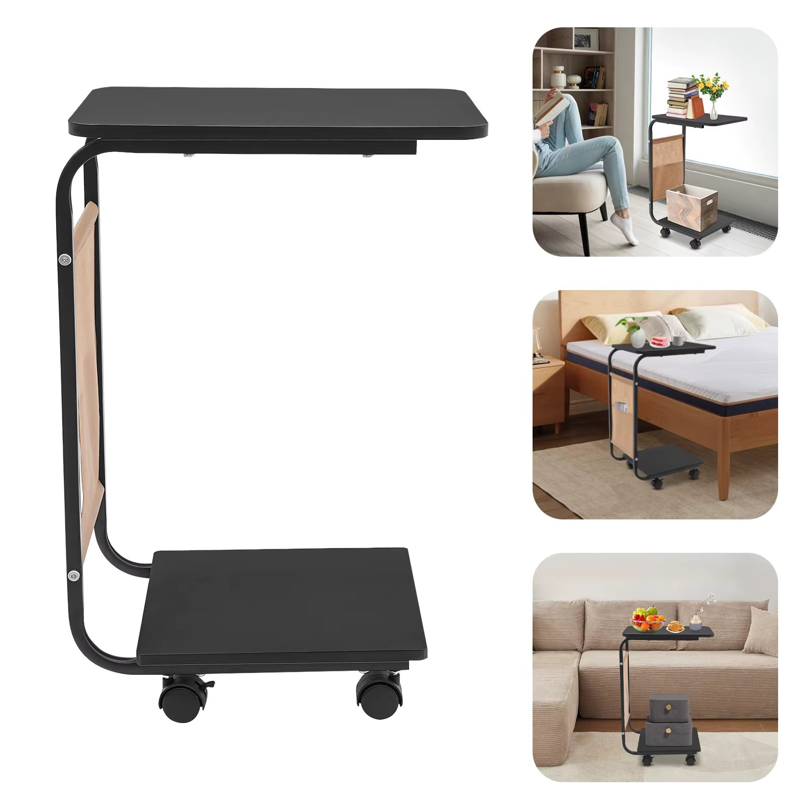 2 Tiers C-Shaped MDF Side Table,Black/Brown C-Shaped Floorstanding Coffee Table 4 Wheels for Living Room,Bedroom