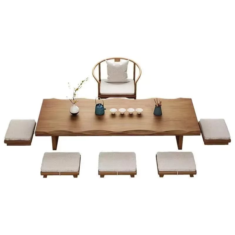 New Arrival Japanese Tea Table Set – Solid Pine Wood Tatami Chabudai, Traditional Low Coffee Table & Floor Chair Combo