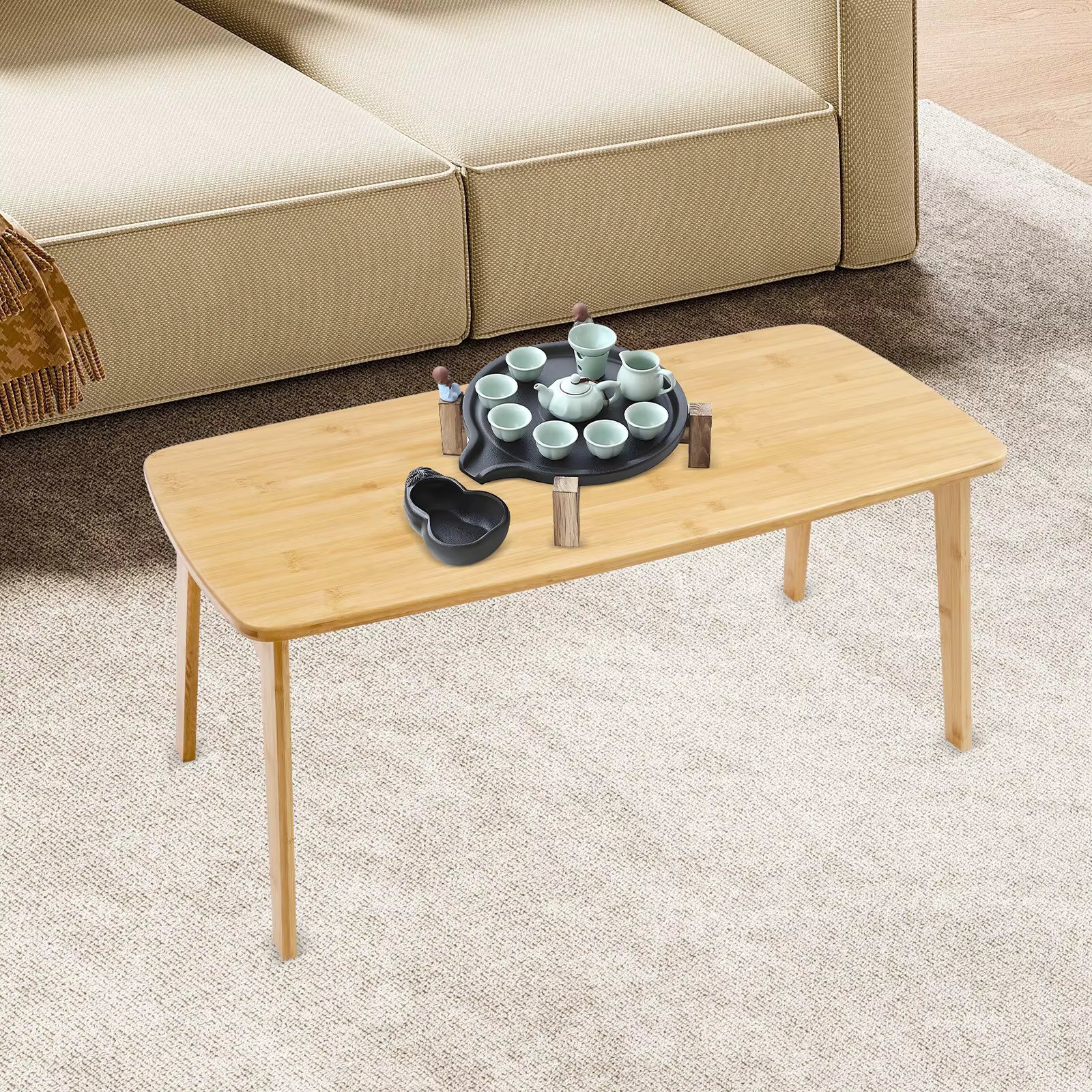 Bamboo Floor Table Japanese Style 80cm Length, Folding Low Table for Tatami Room, Yoga and Zen Decor