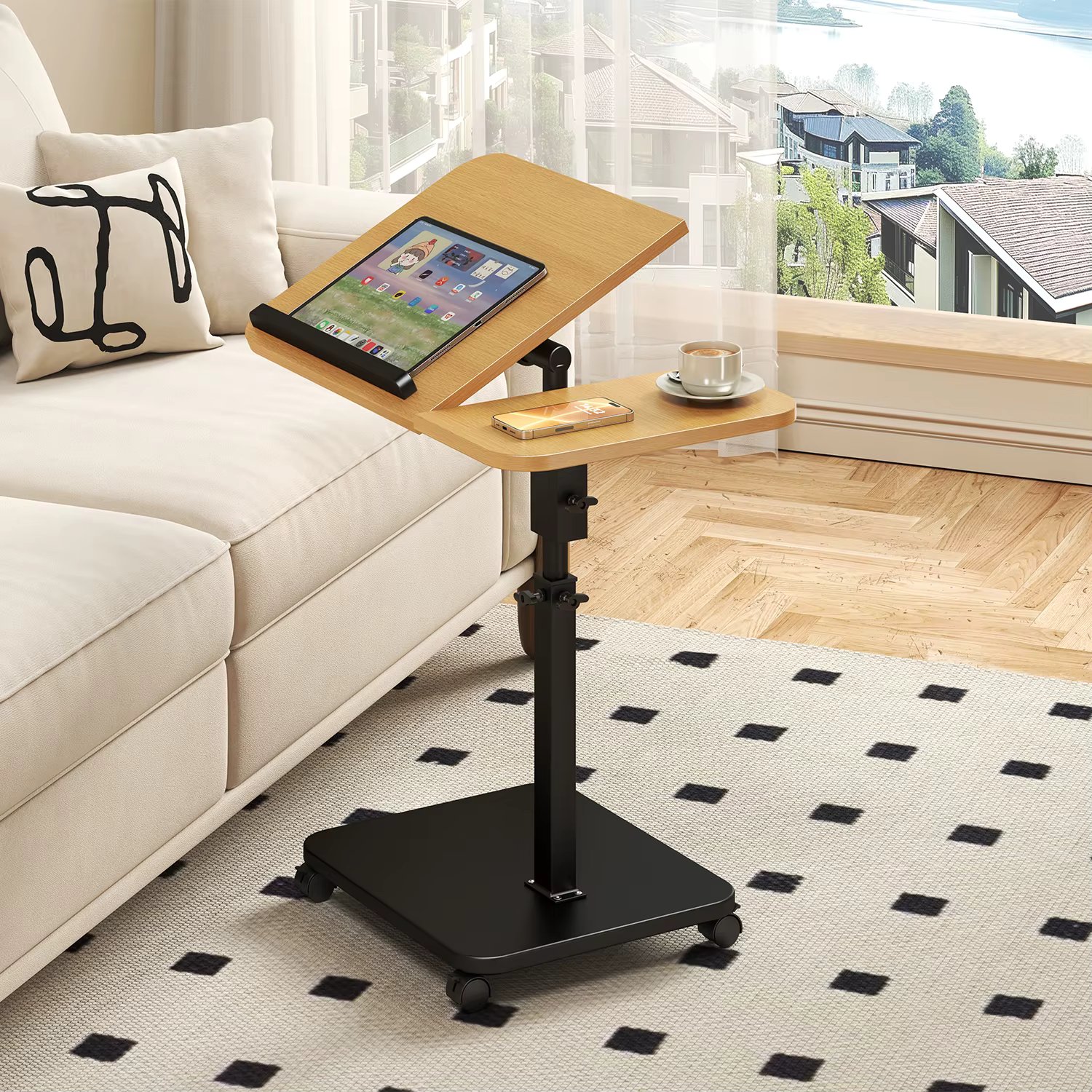 C-Shape Side Table, Height Adjustable Sofa Table Coffee Snack and Bed End Table Mobile Rolling Table with Wheels for Living Room