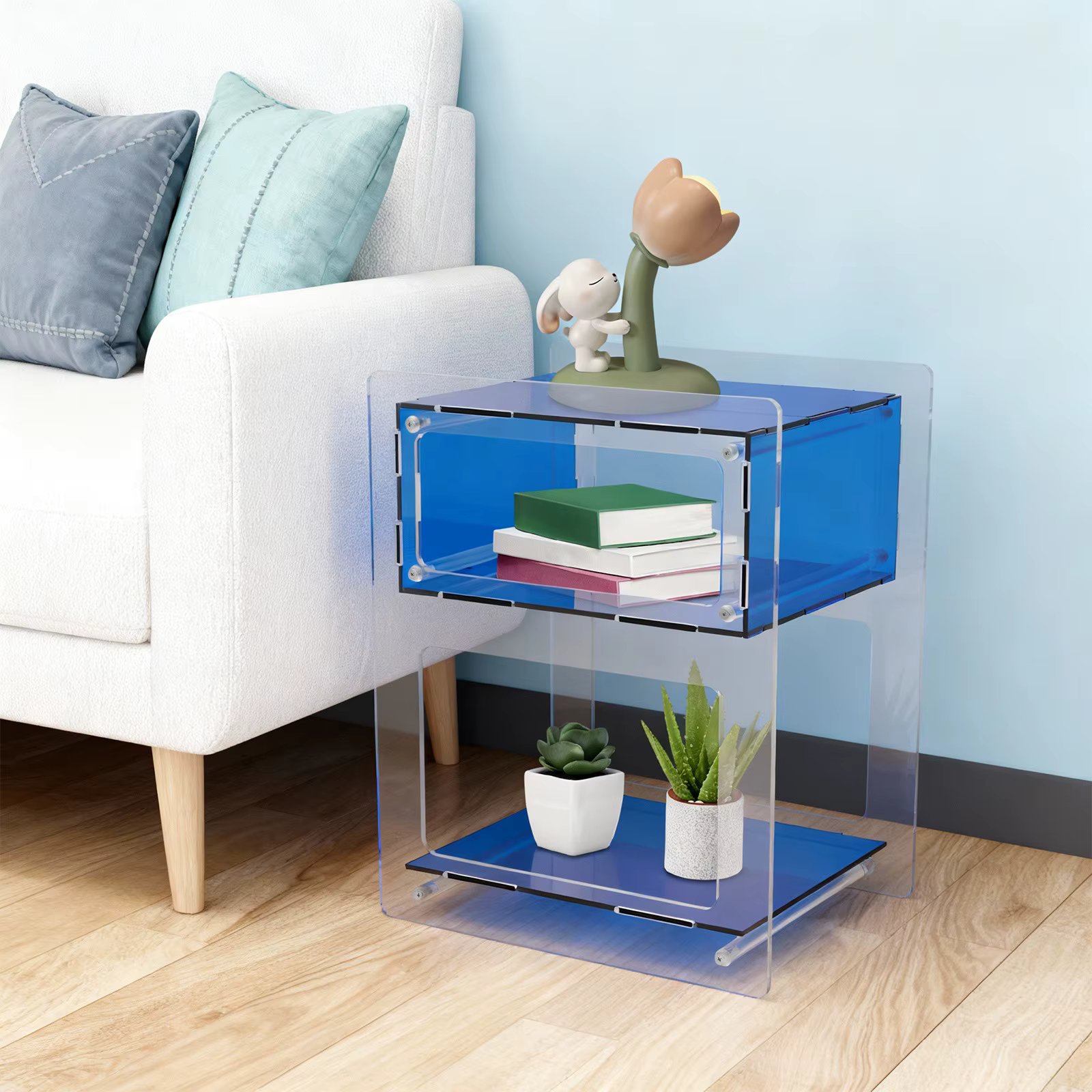 Blue Acrylic Side Table, Acrylic Nightstand, Rectangle Storage Shelf