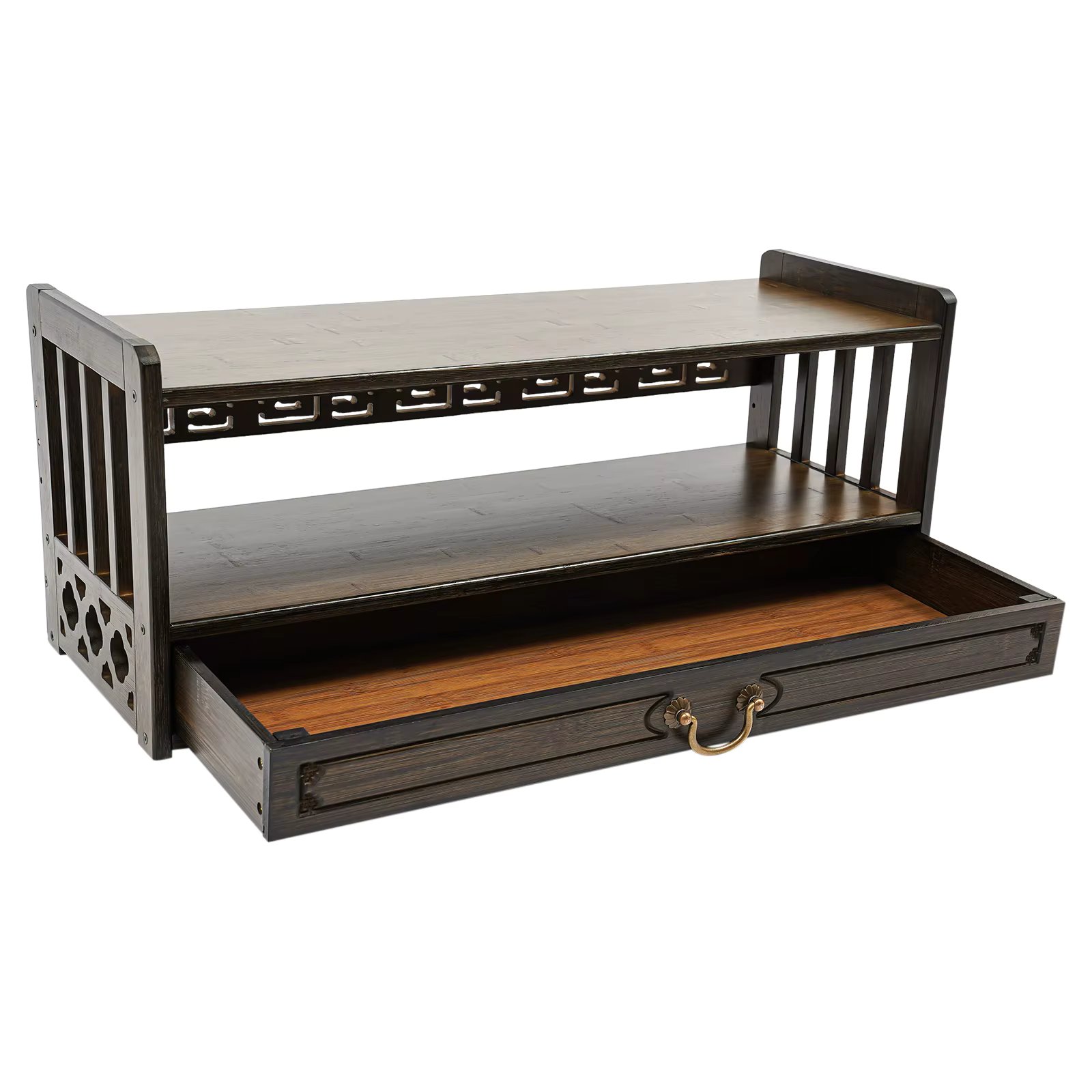 Chinese Style Bamboo Altar Table with Drawer 2 Tier Meditation Storage Desk Walnut Color Desktop Organizer for Home Decor ﻿ ﻿
