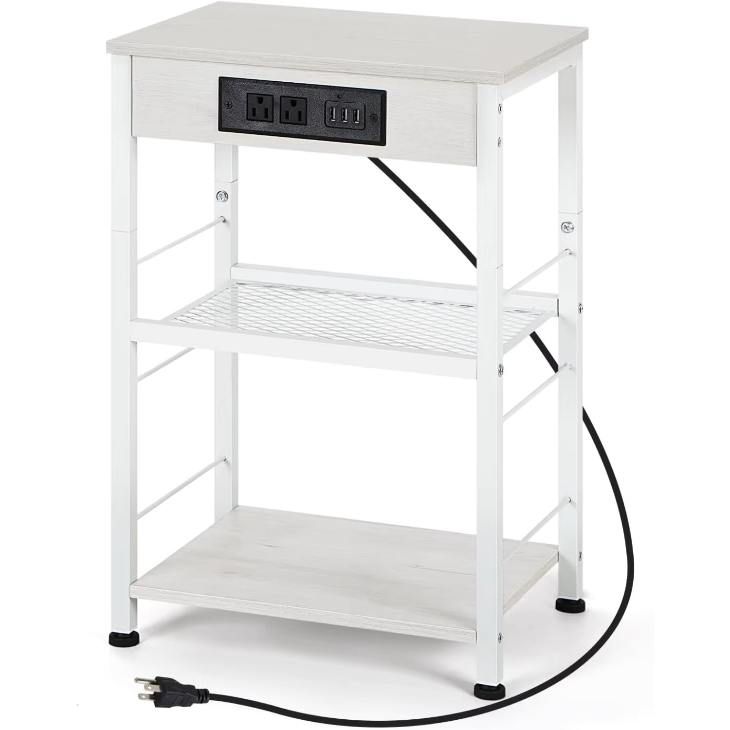 3-Tier Charging Nightstand w/3 USB & Outlets – Bedside Table with Storage Shelf for Bedroom/Dorm/Office, White