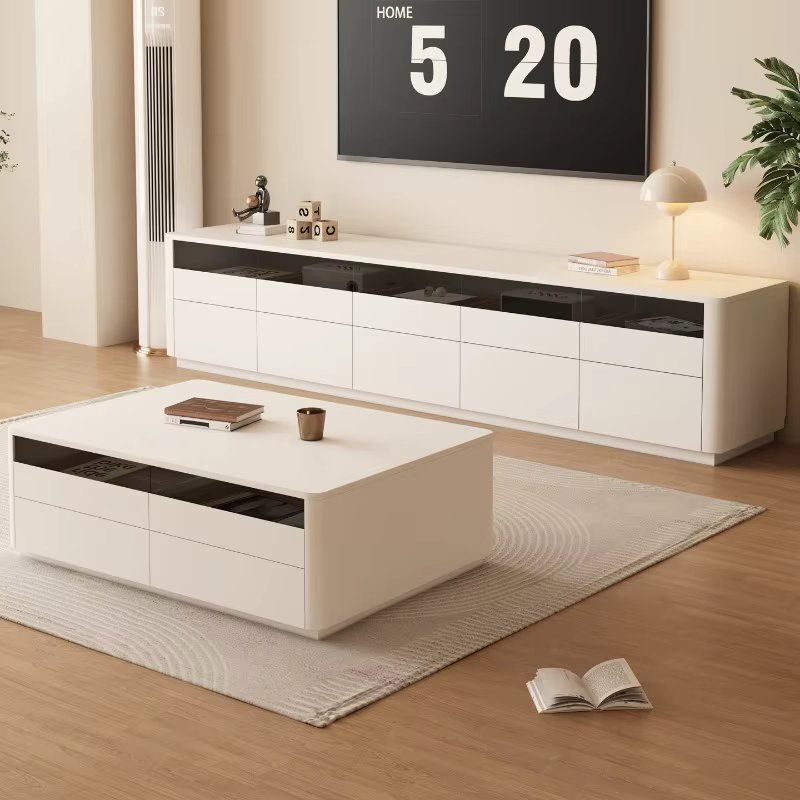 Pure solid wood modern simple floor TV cabinet coffee table combination cream wind small apartment living room household light l