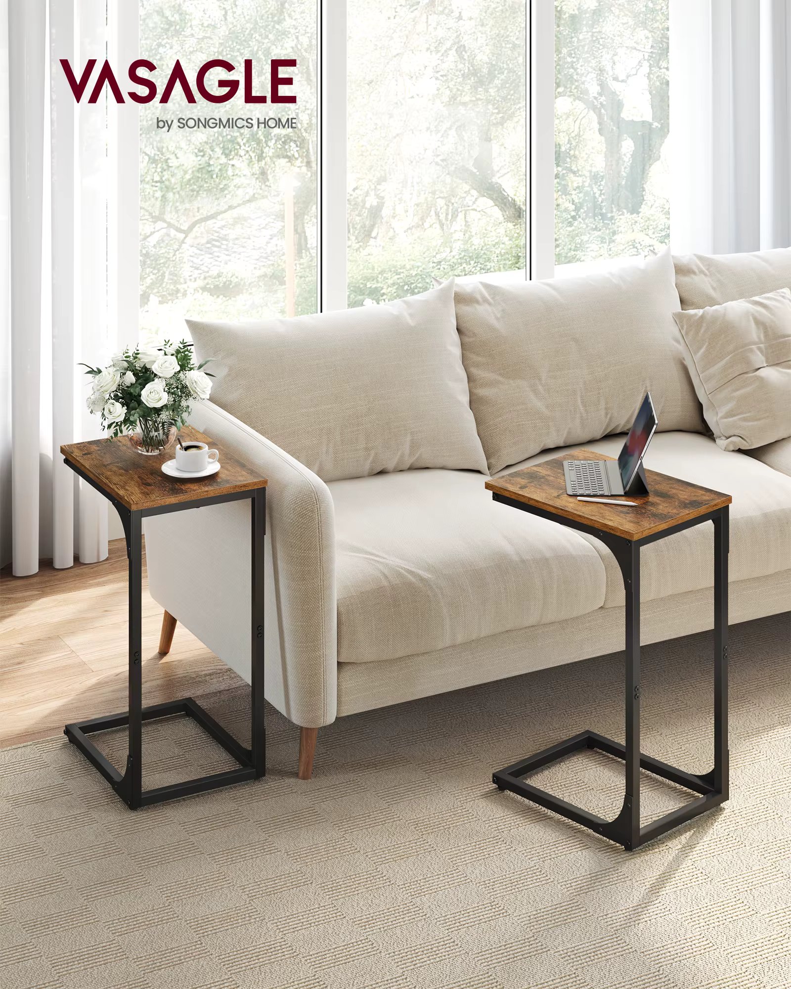 VASAGLE C-Shaped End Table Set of 2, Small Side Table for Couch, Sofa Table with Metal Frame for Living Room, Bedroom, Bedside,