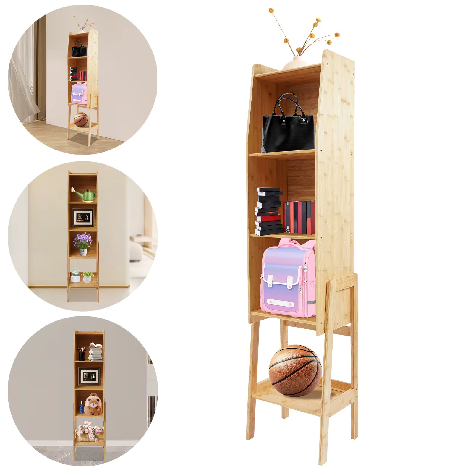 5 Tier Bamboo Storage Cabinet, 14.6×10.7×57.5in Modern End Table, Floor Standing Side Table Cabinet Organizer for Living Room